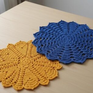 RITIKA Crochet Handmade(12.5inch) Royal Blue and Yellow Table Mat Round set of 2