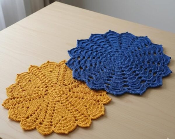 RITIKA Crochet Handmade(12.5inch) Royal Blue and Yellow Table Mat Round set of 2