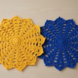 RITIKA Crochet Handmade(12.5inch) Yellow and Blue Table Mat Round set of 2