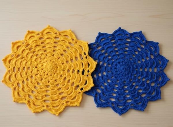 RITIKA Crochet Handmade(12.5inch) Royal Blue and Yellow Table Mat Round set of 2 - Image 2