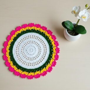 RITIKA Woolen Crochet Handmade Table Mat Small Round Multicolour (13.5 inch)