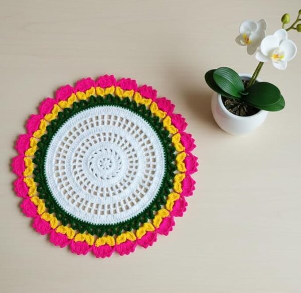 RITIKA Woolen Crochet Handmade Table Mat Small Round Multicolour (13.5 inch)