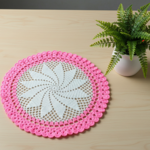 RITIKA Crochet Medium Pink and White Handmade Table Mat Round (22 inch)