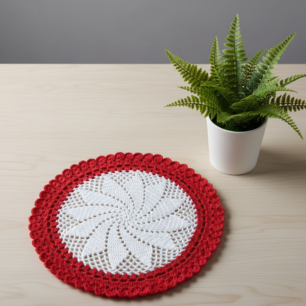 RITIKA Crochet Medium Red and White Handmade Table Mat Round (22 inch)
