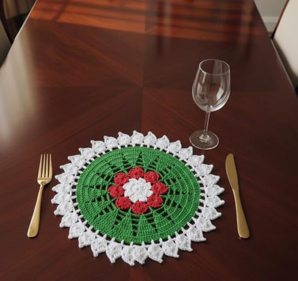 RITIKA Woolen Crochet Handmade White Red Green Christmas Table Mat Round 12.5 inch - Image 2