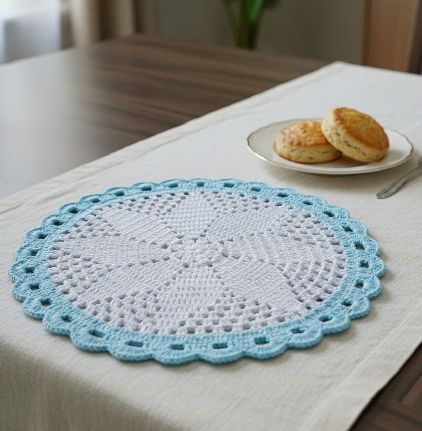 RITIKA woolen crochet table White - Blue mat 14 inch - Image 2