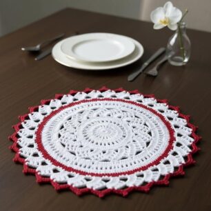 RITIKA woolen Handmade crochet table mat 15 inch White-red