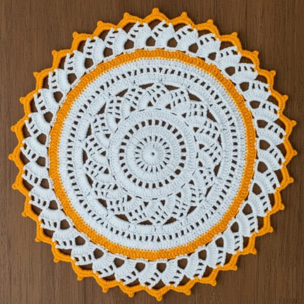 RITIKA woolen Handmade crochet table mat 15 inch White-Yellow - Image 3