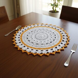 RITIKA woolen Handmade crochet table mat 15 inch White-Yellow