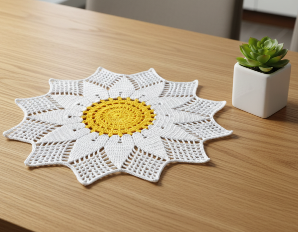 RITIKA Craft® Handmade Crochet Doily/placemat/Table mat sunflower(19 inch) White Yellow - Image 2