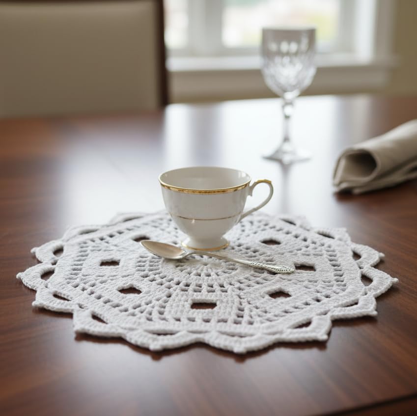 Ritika Craft® Woollen Crochet Handmade Table Mat (13inch) White Doily Mat - Image 2