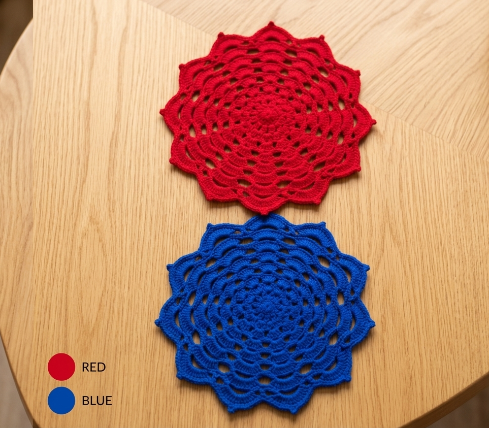 RITIKA Crochet Handmade(12.5inch) Royal Blue and Red Table Mat Round set of 2