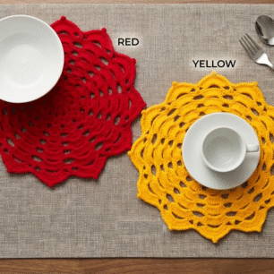 RITIKA Crochet Handmade(12.5inch) Yellow and Red Table Mat Round set of 2