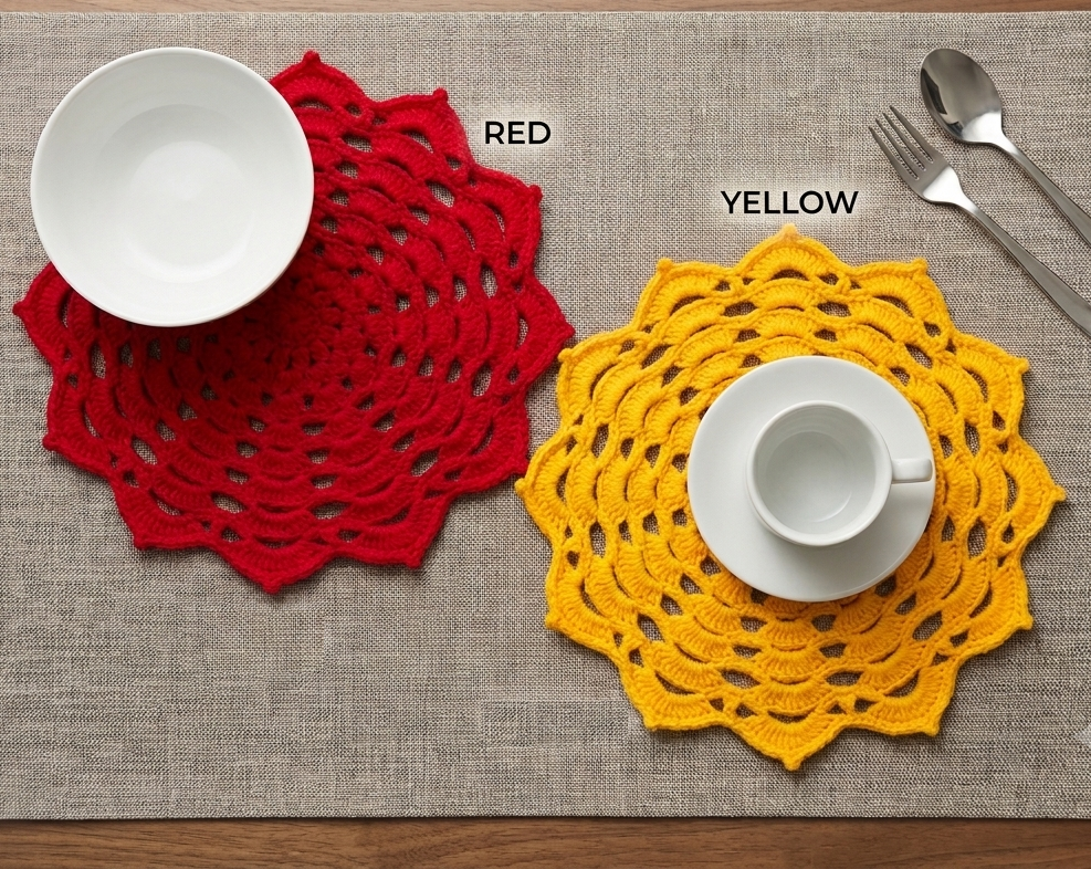RITIKA Crochet Handmade(12.5inch) Yellow and Red Table Mat Round set of 2