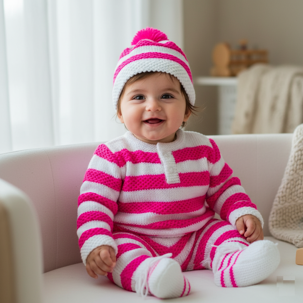 Ritika Handmade Knitted Woolen Baby Sweater and Cap Set – Soft White & Pink Winter Outfit for 1-2 year baby