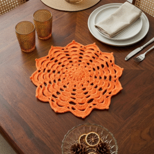 RITIKA Woolen Crochet Handmade(12.5 inch) Table Mat (ORANGE)1