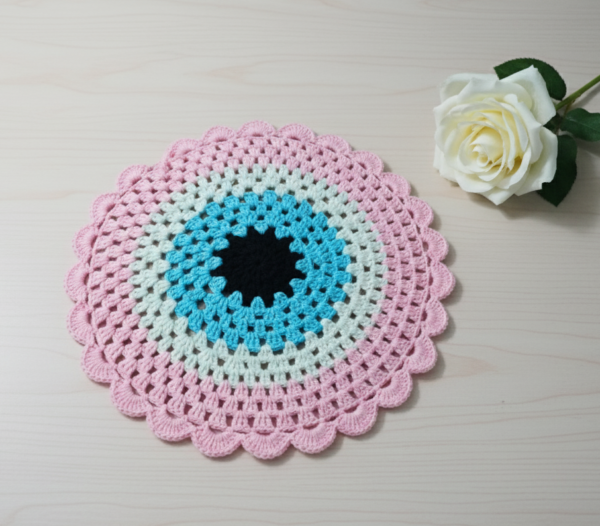 Ritika Craft® Handmade Crochet Evil Eye Design Table Mat – Pink Color, 13.5 Inch Decorative Placemat - Image 3