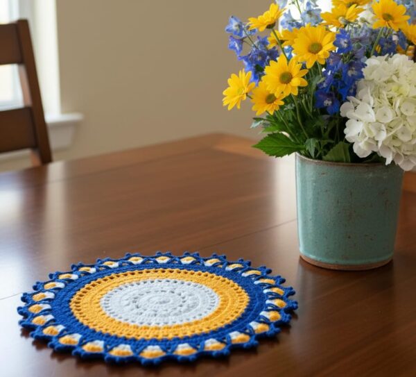 RITIKA Woollen Crochet Handmade Table Mat (13.5inch) Mandla Design/Rangoli Design - Image 2