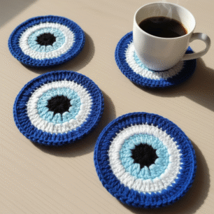 RITIKA CRAFT® Woolen Crochet Handmade Evil Eye Doily/Tea Coaster -3.75 Inch (Pack of 4) BLUE