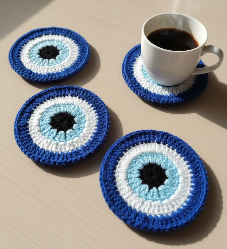 RITIKA CRAFT® Woolen Crochet Handmade Evil Eye Doily/Tea Coaster -3.75 Inch (Pack of 4) BLUE