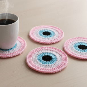 RITIKA CRAFT® Woolen Crochet Handmade Evil Eye Doily/Tea Coaster -3.75 Inch (Pack of 4) PINK