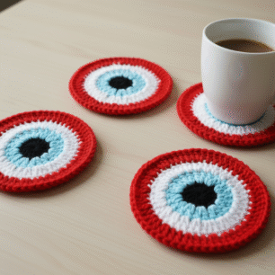 RITIKA CRAFT® Woolen Crochet Handmade Evil Eye Doily/Tea Coaster -3.75 Inch (Pack of 4) RED