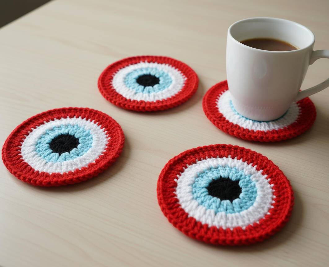 RITIKA CRAFT® Woolen Crochet Handmade Evil Eye Doily/Tea Coaster -3.75 Inch (Pack of 4) RED