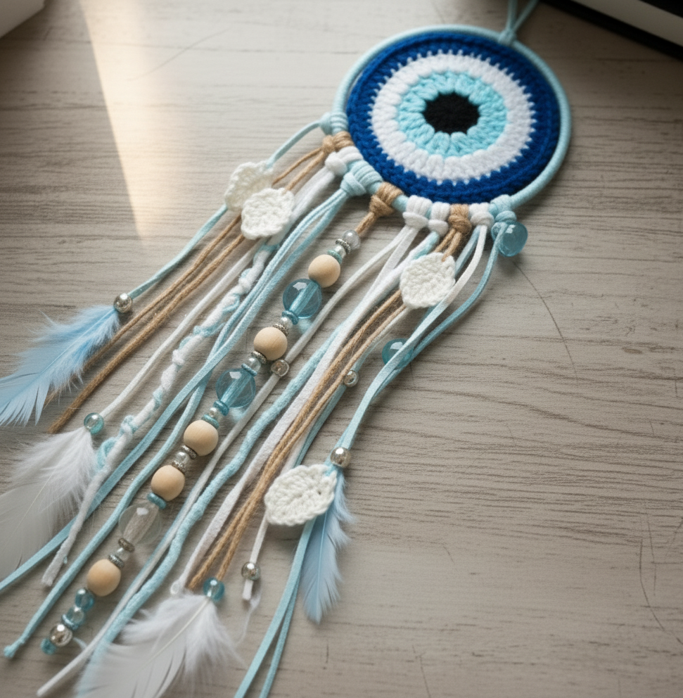 RITIKA CRAFT® Woolen Crochet Handmade Evil Eye Doily/Tea Coaster -3.75 Inch (Pack of 4) BLUE - Image 3