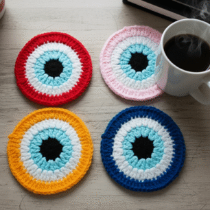 RITIKA CRAFT® Woolen Crochet Handmade Evil Eye Doily/Tea Coaster -3.75 Inch (Pack of 4)