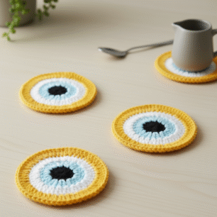 RITIKA CRAFT® Woolen Crochet Handmade Evil Eye Doily/Tea Coaster -3.75 Inch (Pack of 4) YELLOW