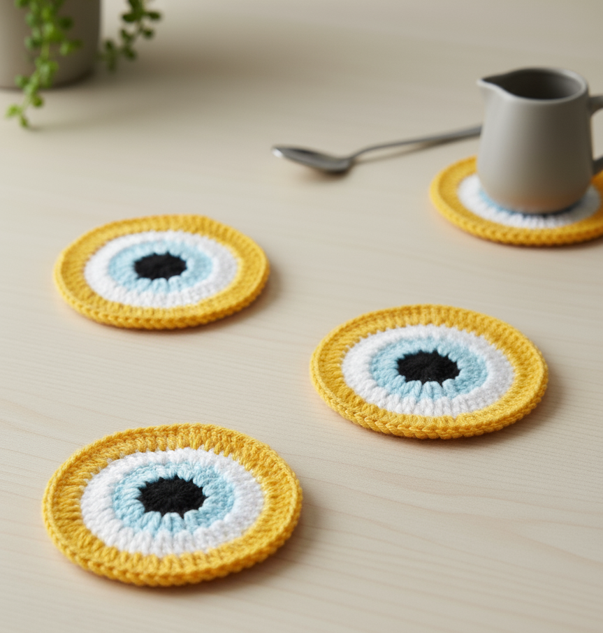 RITIKA CRAFT® Woolen Crochet Handmade Evil Eye Doily/Tea Coaster -3.75 Inch (Pack of 4) YELLOW
