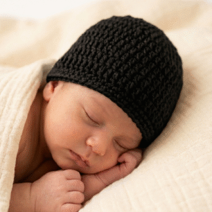 Handmade Crochet Baby Beanie Hat – 100% Soft Knit Cap for Newborns & Infants aged 0-6 Months, Cozy Winter Headwear for Boys & Girls, Pack of 1 (BLACK)