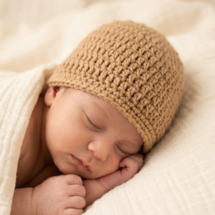 Handmade Crochet Baby Beanie Hat – 100% Soft Knit Cap for Newborns & Infants aged 0-6 Months, Cozy Winter Headwear for Boys & Girls, Pack of 1 (Camel Brown)
