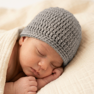 Handmade Crochet Baby Beanie Hat – 100% Soft Knit Cap for Newborns & Infants aged 0-6 Months, Cozy Winter Headwear for Boys & Girls, Pack of 1 (GREY)