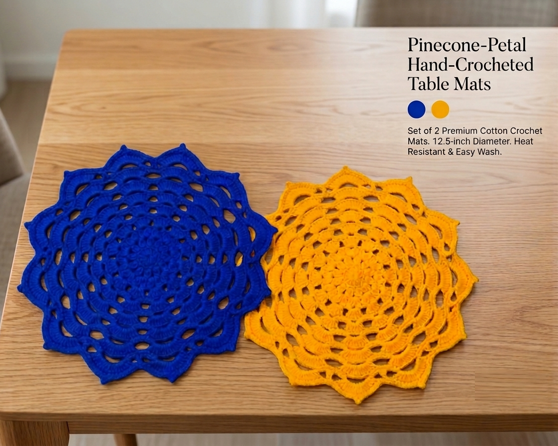 RITIKA Crochet Handmade(12.5inch) Yellow and Blue Table Mat Round set of 2 - Image 3